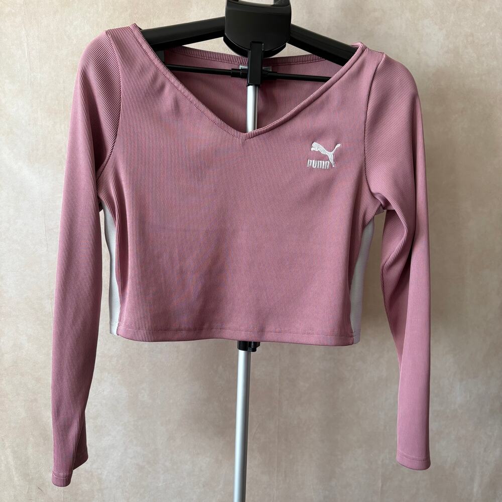 Puma Classics Women's V-Neck Ribbed Crop Top Dusty Rose Size XL